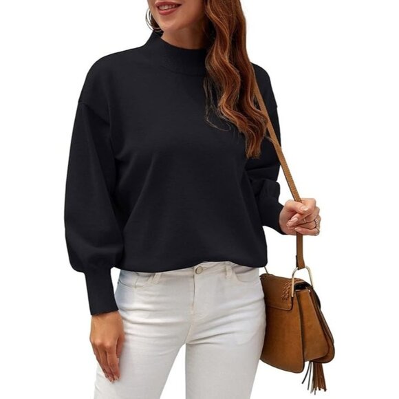 WEACZZY Casual Sweater Mock Neck Long Lantern Sleeve Lightweight Knit Pullover - Picture 1 of 6